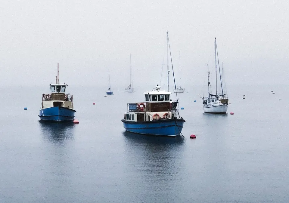 Moored vessels and sailing boats in harbour fog